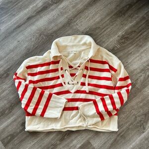 Roll-hem lace up striped sweater, red and cream, XL